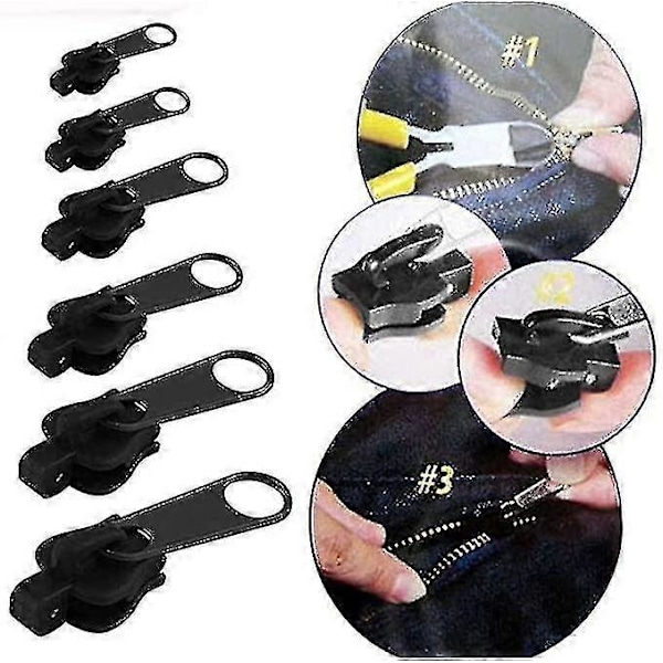 6-pack Fixerade Blixtlåsdragare - Blixtlåsslider Reparation, Instant Blixtlåssats - Avtagbar Räddningsersättning Väska (FMY) black