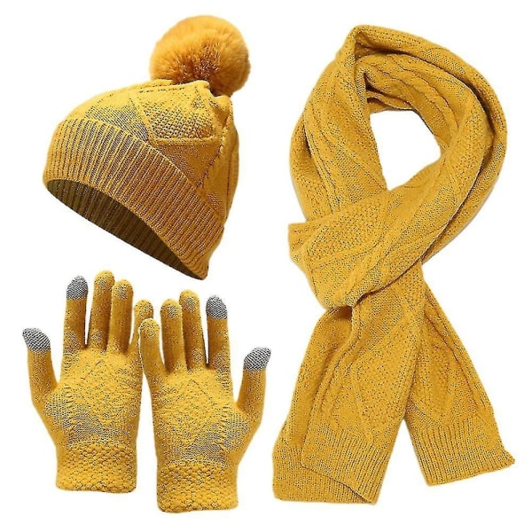 3 kpl/setti Hat Scarf Gloves Talvi Lämmin Pipo Hattu Kaapelinkudoksinen Pitkä Huivi Hanskat Lapset Naisille Keltainen (FMY)