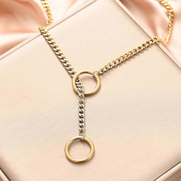 Hjerte O-ring Slip Chain Halskæde til Kvinder Rustfrit Stål Cuban Chain Hjerte Halskæde Punk Rock Collar Halskæde Håndlavet Justerbar Lariat Y (FMY) Gold Ring