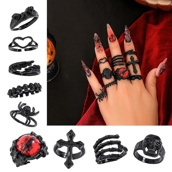 9 st Halloween Ring Set Spindlar Skull Cross Öppna Ringar Stapelbara fingerringar Halloween smycken Festdekorationer (FMY)