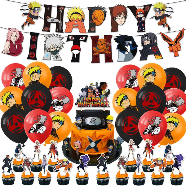 Naruto-aiheinen piirretty juhlatavarat syntymäpäiväjuhliin - lippu, ilmapallot, cupcake-koristeet ja kakun koristeet (FMY)