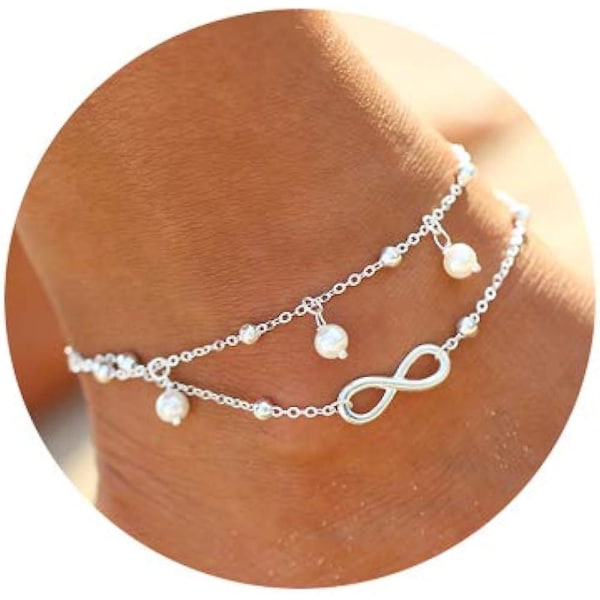 Heytea Tvålagigt Handgjort Silverpläterat Oändlighet Charm Anklet Simulerad Pärla Hängande Pärlor Evig Kärlek Anklet Ben Fot Smycken (FMY)