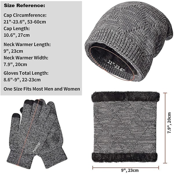 Vintervarm Strikket Slouch Beanie Hatt Skihalsvarmer Skjermhansker (FMY)