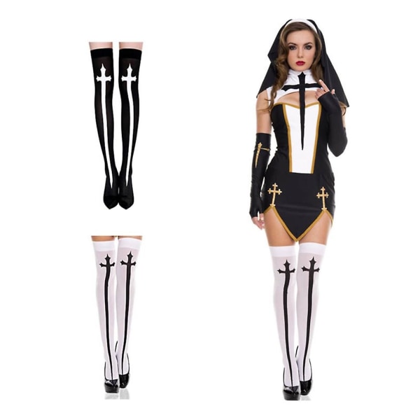 3pc Halloween Nun Costume Accessories Nun Hat Cross Pendant Necklace Cross Thigh High Socks For Halloween Cosplay Party  (FMY)