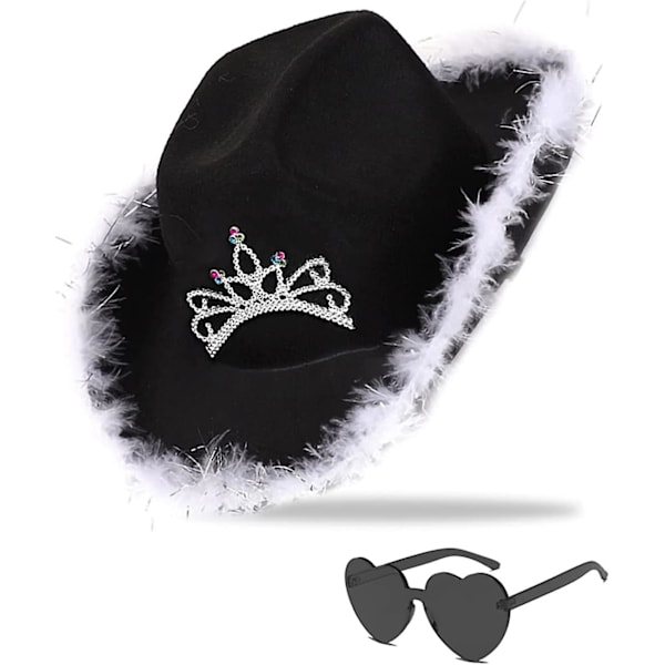 Vaaleanpunainen cowboy-hattu naisille, jossa paljetteja ja tiara, rodeojuhlat, sydän (FMY) Black