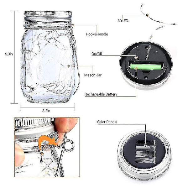 20 LED 10 Pakkaa Mason Jar -kansi Aurinkokennovalot Ripustuskoukulla Mason Jar -satumainen Puutarha Patio [ilman purkkia] (FMY) multicolor