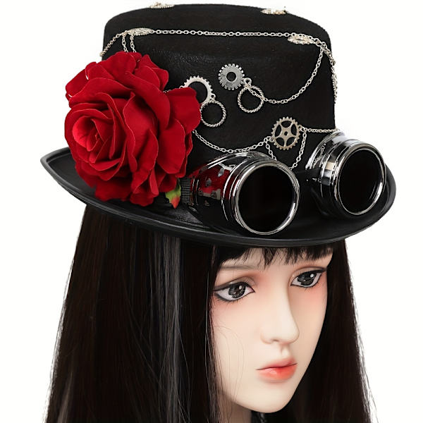 Steampunk-hattu - Gootti-inspiroitu, Mattamusta, Irrotettava Punainen Ruusu, Jazz Fedora -tyylinen Goggle-ketjuvaihteella - Täydellinen Naisten Halloweenille (FMY) Head Circumference22.8-23.2"