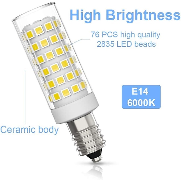 6-pakning E14 LED-pære 9w Halogen-ekvivalent 75w, Kald hvit 6000k Ikke-dimbar 360 strålevinkel For kjøkkenhette Kjøkken Sengelampe  (FMY)