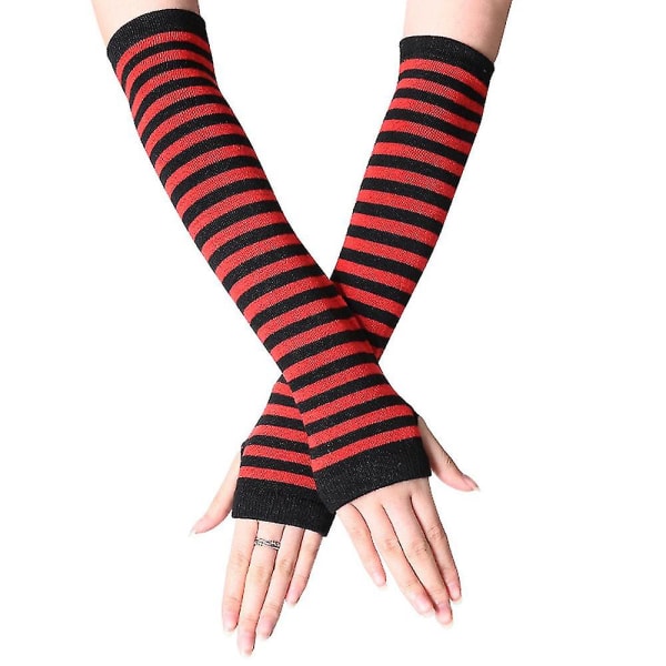 Handledsvärmare för kvinnor, långa handskar med fingerlösa randiga handskar (FMY) Black and Red