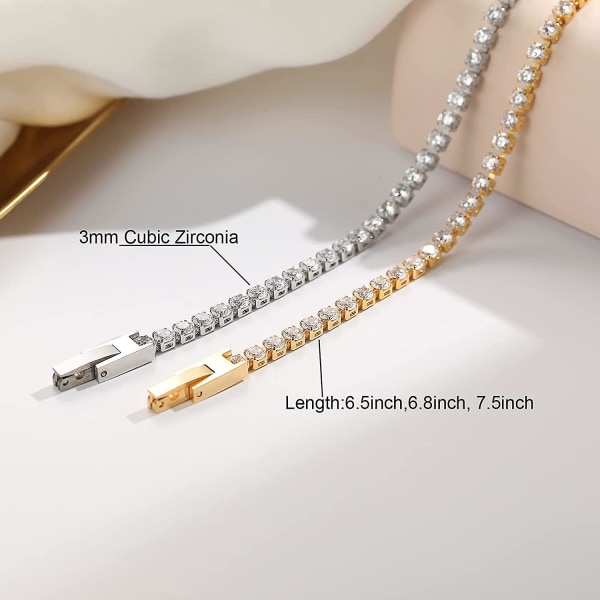 18k guldpläterat tennisarmband - 3 mm Cubic Zirconia Rostfritt stål Damarmband Silver (FMY)