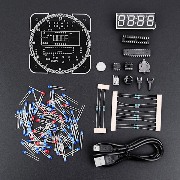 DIY lysstyringsrotasjon digital LED elektronisk temperaturklokke settpakke med USB-kabel blå (FMY)