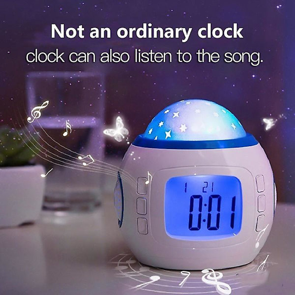 LED-stjärnprojektionsväckarklocka digital snooze-klocka nattljusklocka med kalendertermometer snooze-funktion för barn (FMY)