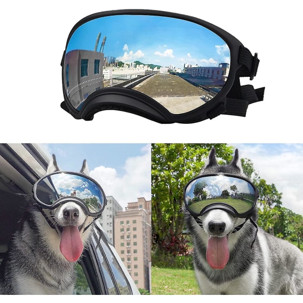 Hundebriller Hunde UV-beskyttelse Solbriller med justerbar stropp Hunder Vindtette Anti-dugg utendørs kjæledyrbriller (FMY) Black frame x silver glass