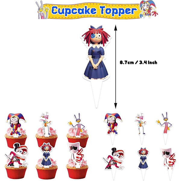 Fantastiska Digitala Cirkusfödelsedagsfesttillbehör, den fantastiska Digitala Cirkusfesten inklusive tårttoppar, muffinshattar, flaggor, latexballonger (FMY)