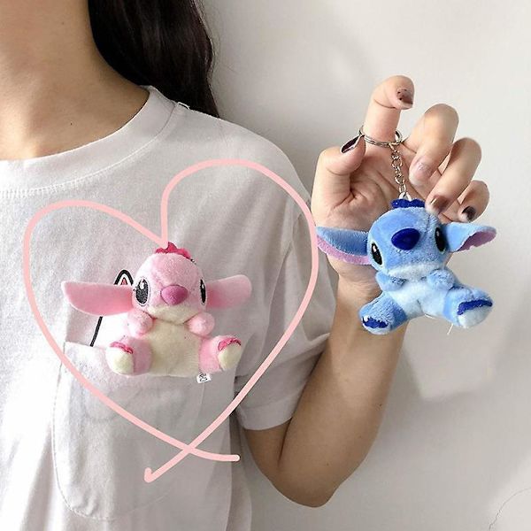Lilo & Stitch - Par nøglering, plys, tegneserie, charme, sød, anime dukke, kærestegave  (FMY) One-Size Blue