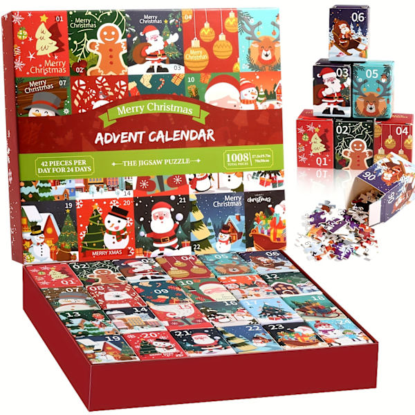 Joulukalenteri-palapeli 1008 osaa, Juhlava joulukalenteri, 24 päivän laskurikalenteri, 24 miniboksia, Lumimaisema-palapeli (FMY) Santa Claus Puzzle