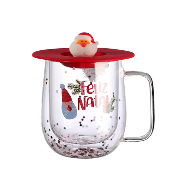 250ml Jule-Isoleret Dobbeltlags Glaskop Varmebestandig Genanvendelig Julemand Snemand Kaffe Kops med Silikonlåg Kops(FMY) J2594-Red-tree 250ml