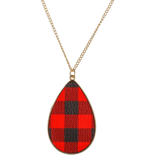 4 stk. Faux Leather Rød og Sort Buffalo Plaid Smykkesett Grid Print Drop Dangle  (FMY)