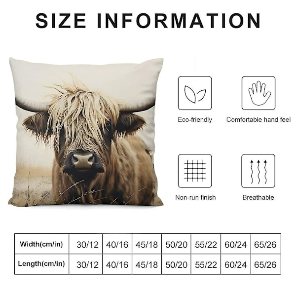 Highland Cow Kudde - Brun Tryckt Ko Kudde - Dekorativ Ko Kudde för Soffa, Stol, Sovrum, Lanthus, Soffa zx51 (FMY) 20x20in 50x50cm