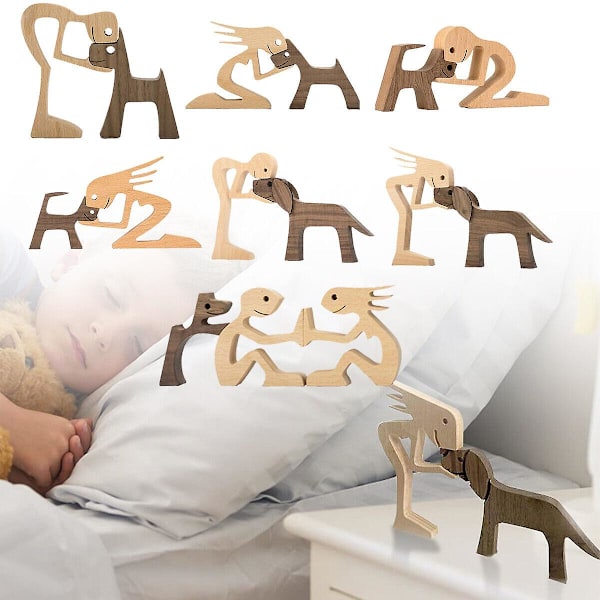 Træstatue Siddende Kvinde og Hund Kreativ Dekor Håndværk Desktop Figur Hjem  (FMY) B01