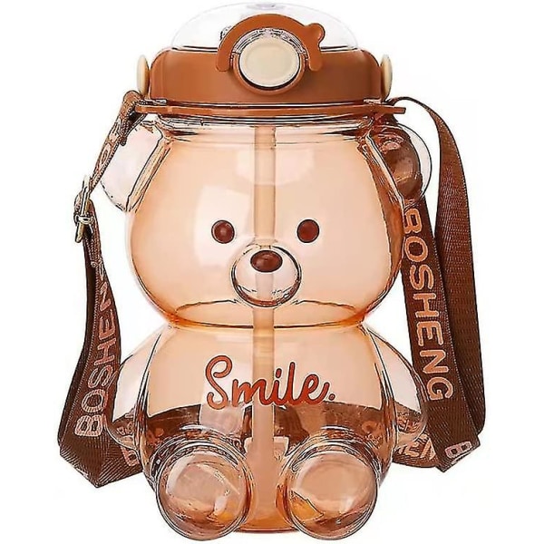 Bear vesipullo oljella, Kawaii vuotamaton vesikannu säädettävällä olkahihnalla retkeilymatkoille (FMY) Brown 1400ml