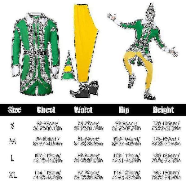 Buddy Elf-kostym för jul med byxor, jacka, skor, hatt och bälte - Andningsbart outfit för män, pojkar - Bekvämt (FMY) M