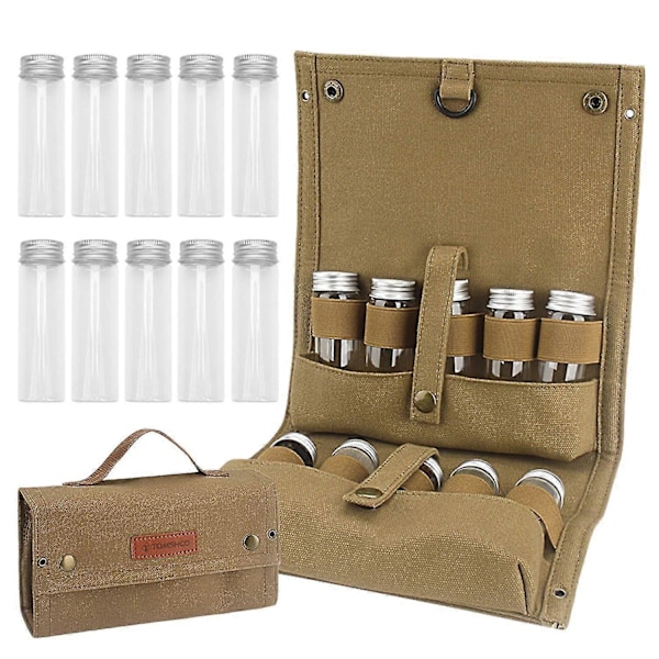TOMSHOO Portabel Kryddväska med 10 Kryddburkar Canvas Kryddförvaringsväska Organizer Kryddflaskor (FMY) Khaki