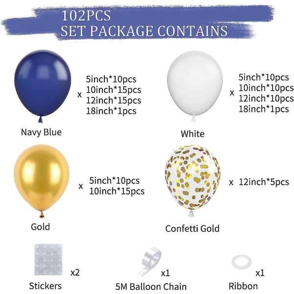 Marineblå guld ballonguirlande buesæt, blå guld og hvide balloner, 102 stk med konfetti guld festdekorationsballoner, mat latex (FMY)