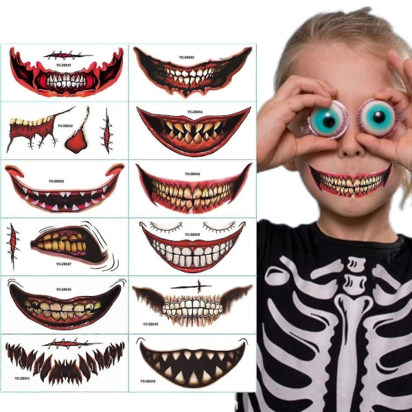 12 stk. Halloween Mouth Temporary Tatoo Stickers Skræmmende klovne vandtætte tatoveringer Sticker Face Makeup Party Cosplay (FMY)