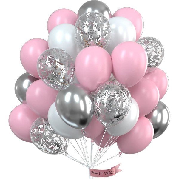 Vaaleanpunaiset set, 60 kpl vaaleanpunaisia ​​ja valkoisia ilmapalloja, hopeametallisia ilmapalloja, hopeisia konfettiilmapalloja, juhlailmapalloja, lateksiilmapalloja (FMY)