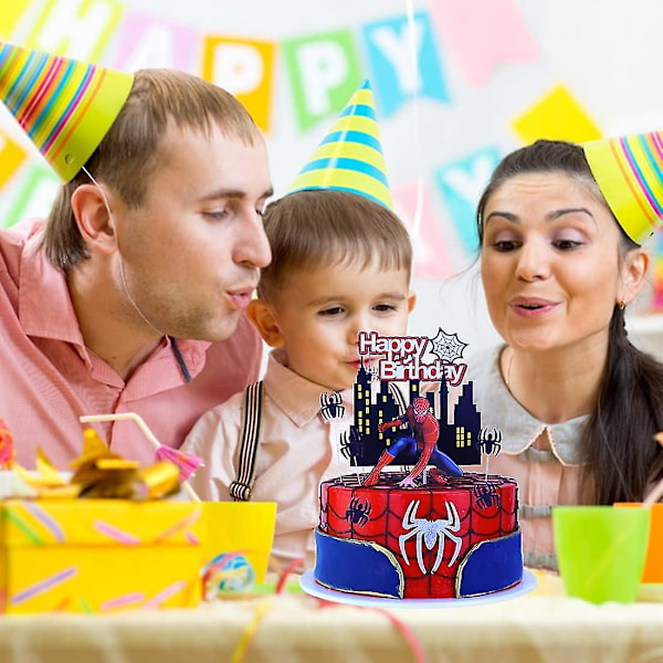 Hyvää syntymäpäivää kakun koriste Spider-Man kakun koriste Piirretty teemajuhlat kakun koristelu, Glitter Hyvää syntymäpäivää kakun koriste lapsille poika syntymäpäivä (FMY)