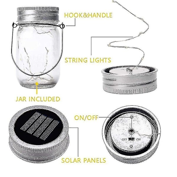 20 LED 10 Pakkaa Mason Jar -kansi Aurinkokennovalot Ripustuskoukulla Mason Jar -satumainen Puutarha Patio [ilman purkkia] (FMY) multicolor