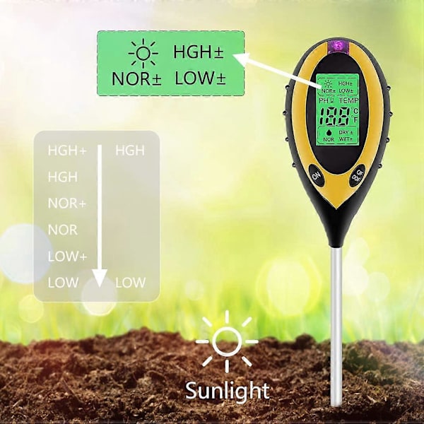 4 i 1 Solid PH Jordtester, Lys- og pH-tester Syre, Temperatur, Jordfugter, Jordfugtighedstester Sensor til Planter, Havebrug, (FMY)