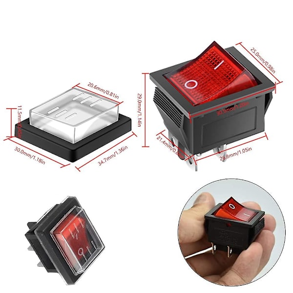 4-pinners 2-posisjons vanntett LED-opplyst vippebryter Mini båt vippebryter DPST AC 250V 16A 125V 20A, rød (FMY)