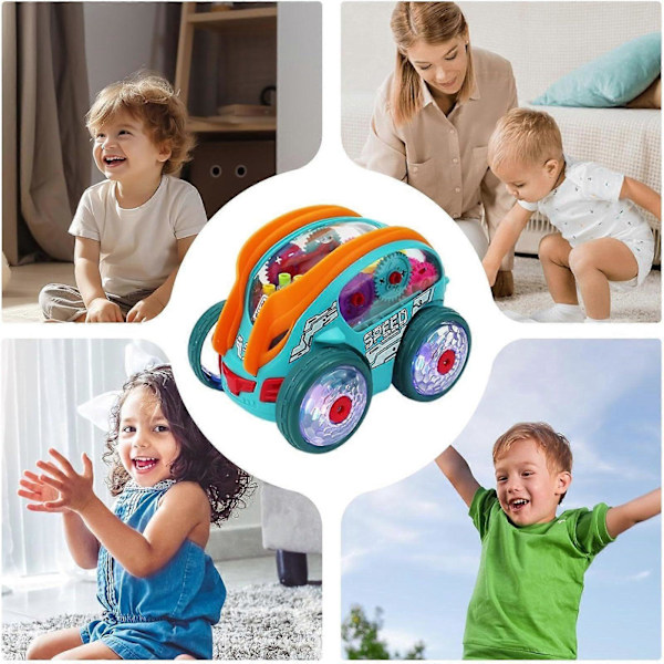 Läpinäkyvä vaihteistoauto valoilla ja musiikilla - Valolla varustettu ryömintälelu lapsille pojille ja tytöille, Bump & Go -kilpa-auto liikkuvilla vaihteilla (FMY) 388 68