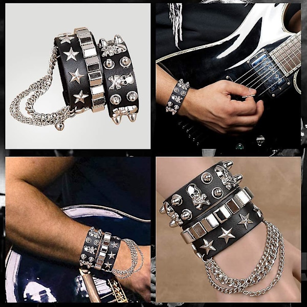 1980'ernes Mænds Metal Rocker Rockstar Rock N Roll Kostume Tilbehør 70'erne 80'erne Tilbehørssæt Pandebånd Tattoo Manschetter Handsker Punk Armbånd (FMY) 5 Pieces