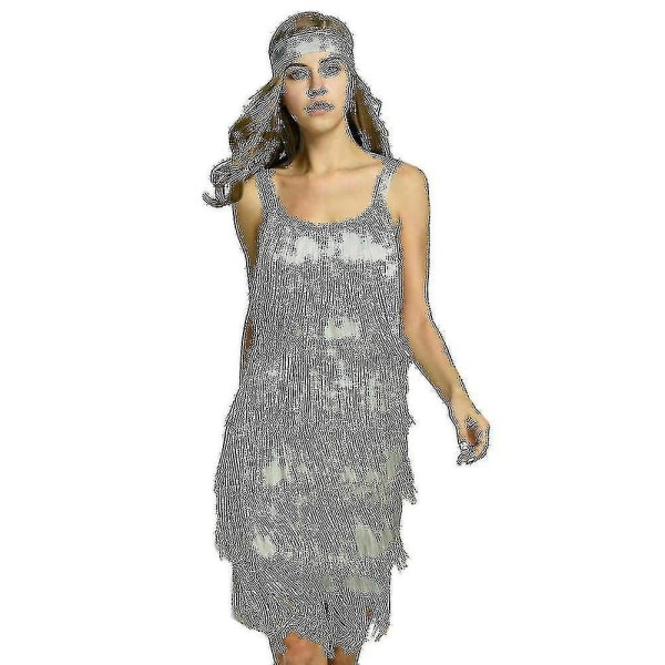 Fantastisk Gatsby-klänning 1920-talsfest vintage tofs damfransade klänningar (FMY) Grey XXXL