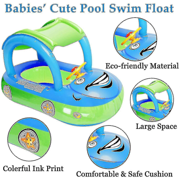 Uppblåsbar Babypool Float med Tak, Bilformad Badfloat Båt för Spädbarn Småbarn Barn (FMY) Blue