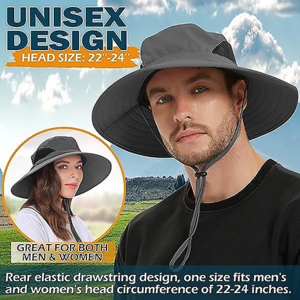 Solhatt för män/kvinnor, vattentät, bred brättad bucket-hatt Vikbar boniehatt för fiske Vandring Trädgård Safari Beach, mörkgrå (FMY)
