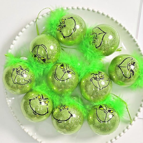 12-pack Grinch-kulor för julgran - Gröna tomtar med fluffigt hår Dekorationer (FMY) 12pcs