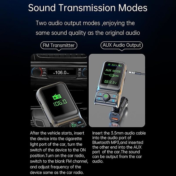 Bil FM-sender Mp3-spiller 3,5 mm Aux-lydmottaker Usb Qc3.0 Type C Pd Billader Håndfri Bluetooth Car Kit (FMY)