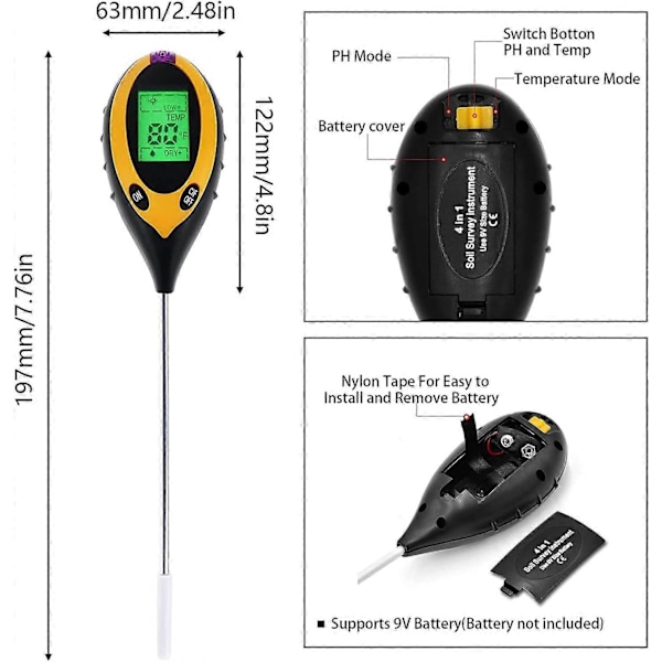 4 i 1 Solid PH Jordtester, Lys- og pH-tester Syre, Temperatur, Jordfugter, Jordfugtighedstester Sensor til Planter, Havebrug, (FMY)