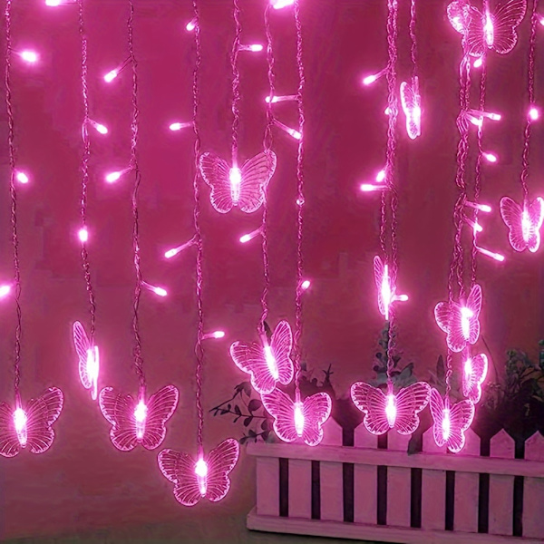 1 stk LED-lyslenke, LED-sommerfugl gardinlys, 21,3 fot/255,9 tommer 8 moduser USB-lader vindu blinkende lyslenke med fjernkontroll, 9  (FMY) pink