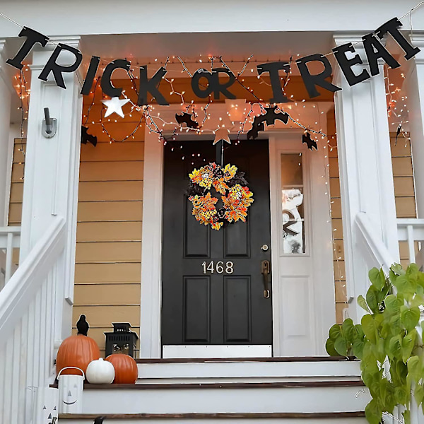 Halloween-krans med LED-lys og oppheng, høstkrans til inngangsdøren, Halloween-dekorasjon til hjemmet, Thanksgiving-dekorasjon, lønn (FMY)