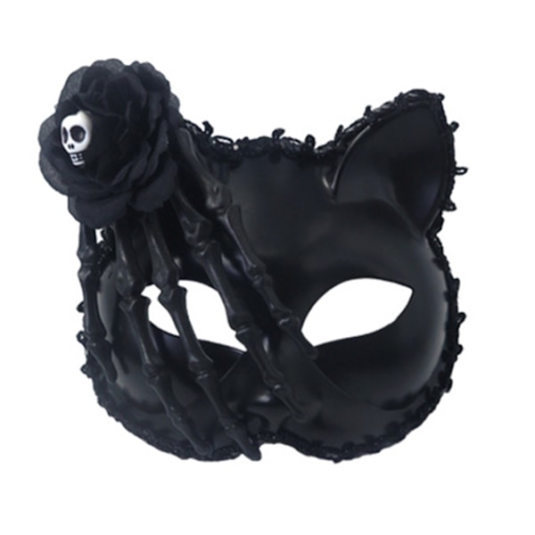 Halloween Katt Ansiktsmaske Cosplay Hodeplagg med Rose Skjelett Hender for Fest (FMY) Black 7.09inch x 6.3inch