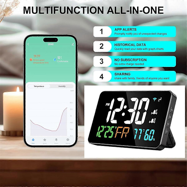 Digital Klokke Vekkerklokke WiFi Klokke, Ekstra Store Bokstaver, Temperatur og Luftfuktighet, Kalender, Uke (FMY) Black