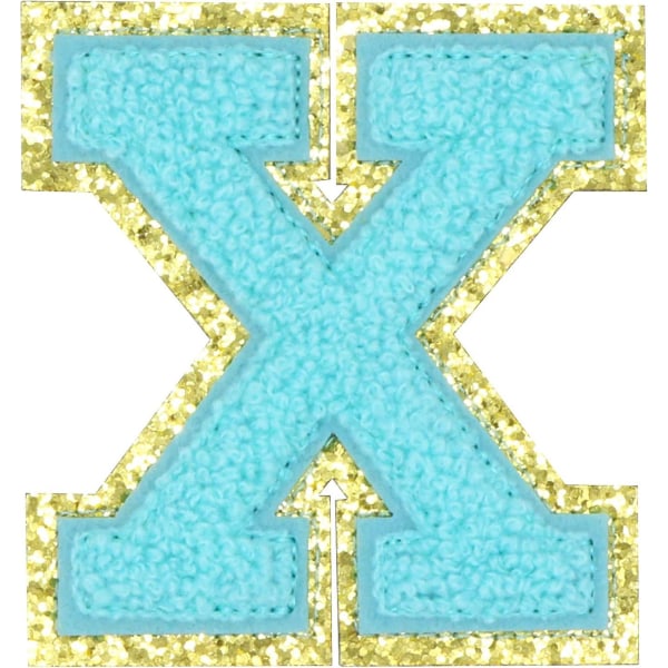Engelska bokstaven X Stryk på reparationslappar Alfabetsömnad Applikationer Klädmärken, med guldglitterkant, självhäftande baksida Stickerblue Xxblue (FMY)