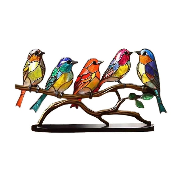 Farvede glasfugle på grenen skrivebordspynt, dobbeltsidet flerfarvet fuglefarvedekoration (FMY)