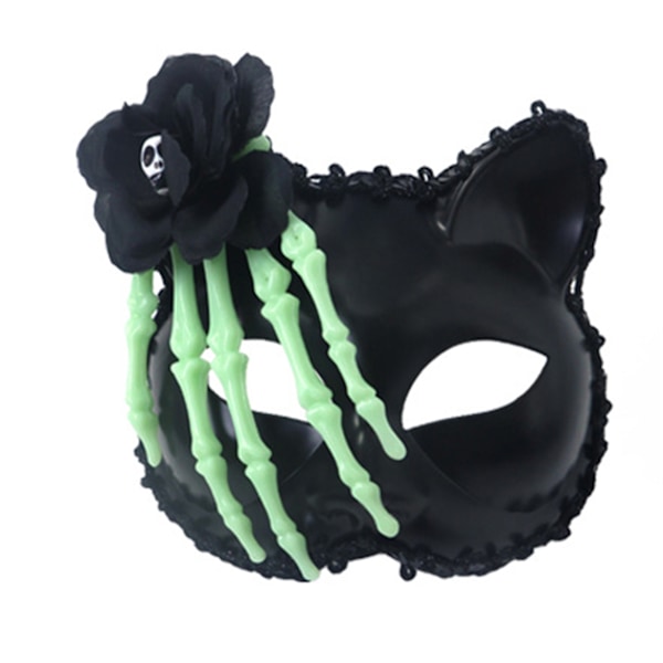 Halloween-kissan kasvonaamari, cosplay-pääpanta ruusukehyksillä ja luuranko käsillä juhliin (FMY) Black 7.09inch x 6.3inch