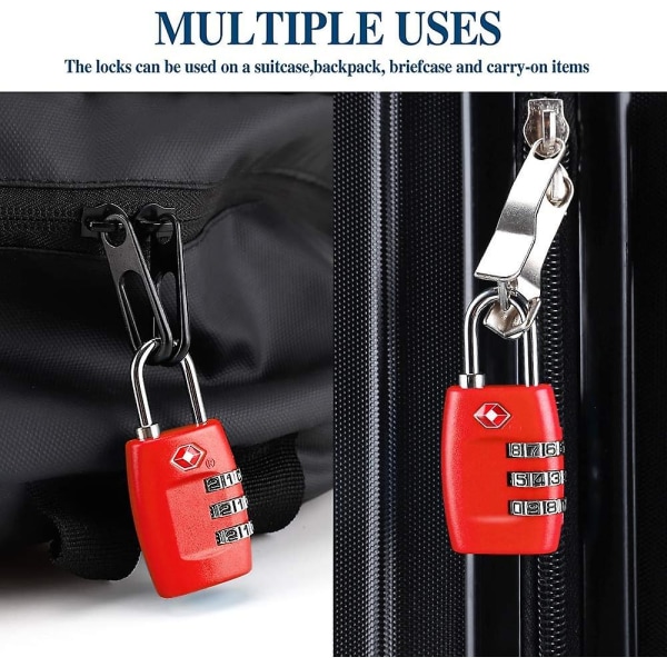 Bagasjelåser (4-pakning) - 3-sifrede kombinasjonshengelåser - Godkjent reiselås for kofferter og bagasje (rød) (FMY)
